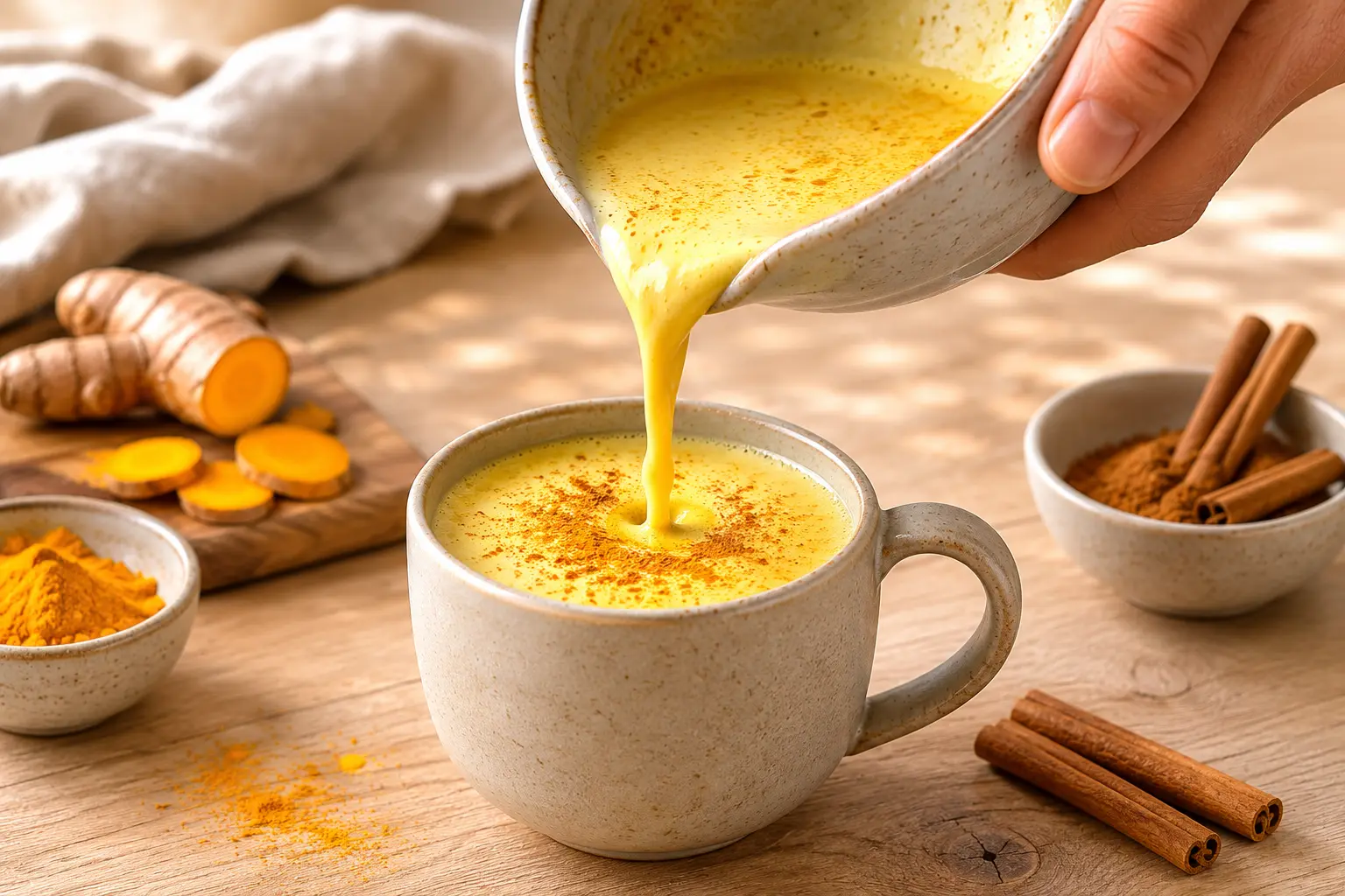 Lait doré au gingembre protéiné versé dans une tasse avec saupoudrage de curcuma