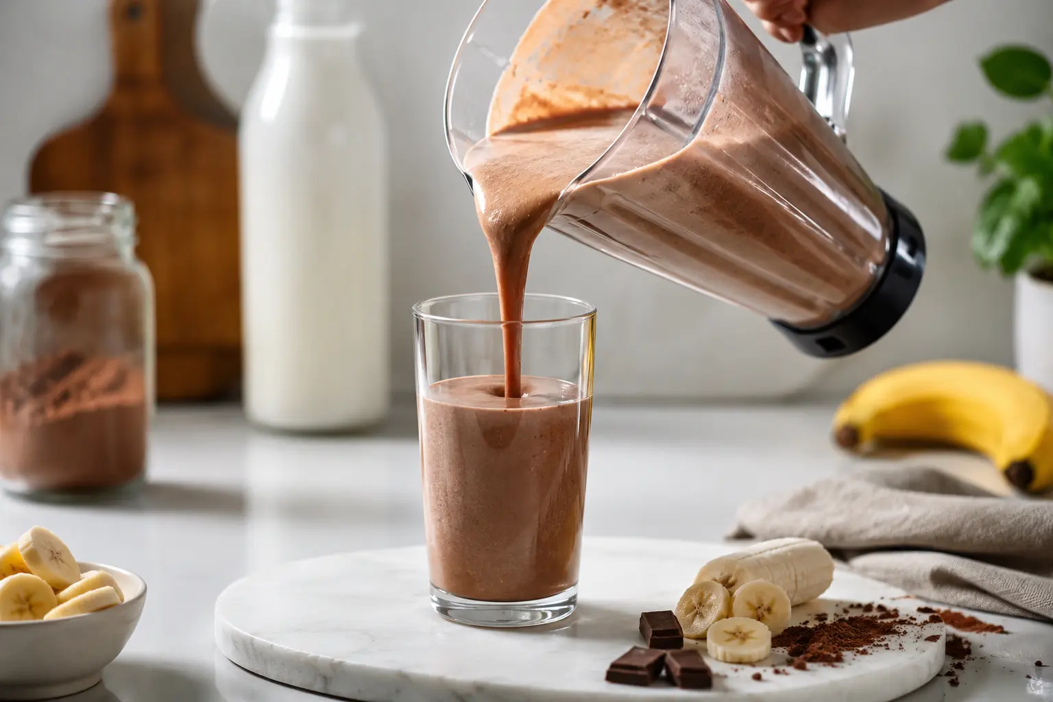 Milkshake banane-chocolat protéiné versé dans un verre avec des copeaux de chocolat
