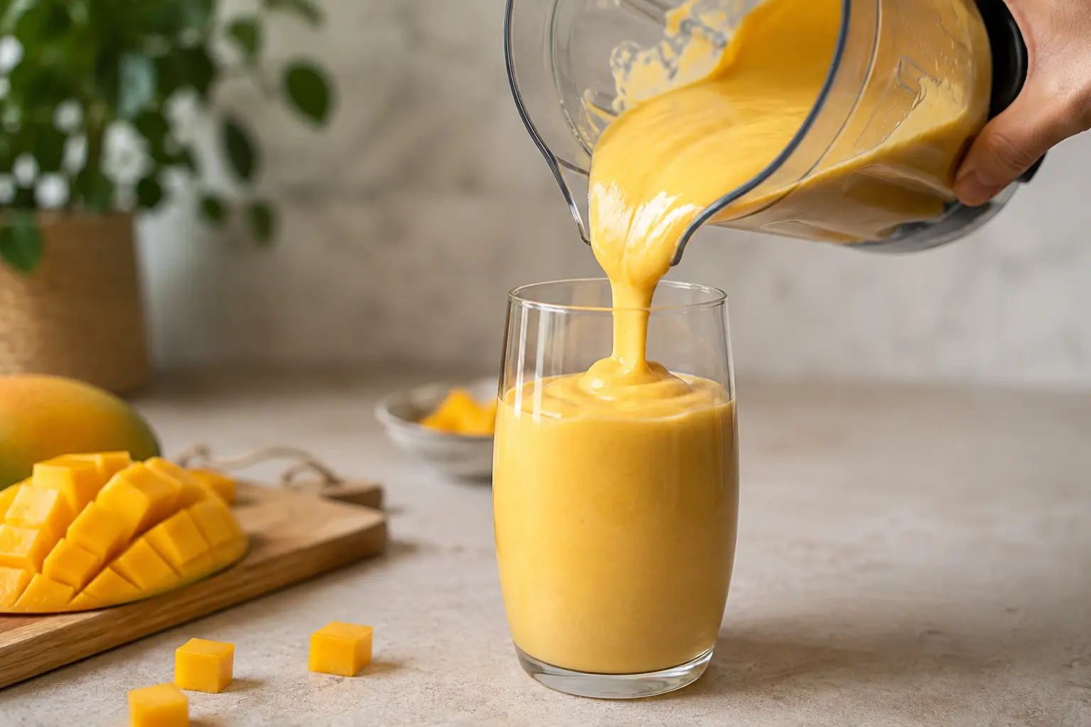 Milkshake mangue protéiné versé dans un grand verre avec des morceaux de mangue en garniture