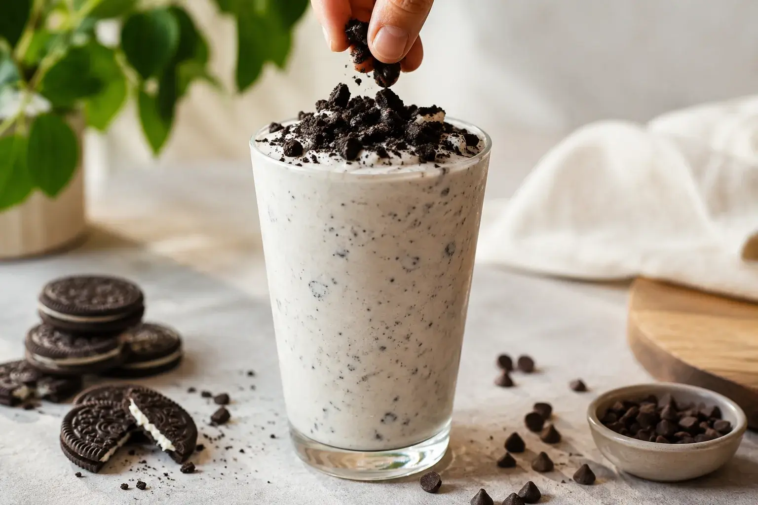 Milkshake vanille épais moucheté de cookies versé dans un grand verre transparent, main qui émiette un cookie sur le dessus, pépites de chocolat éparpillées