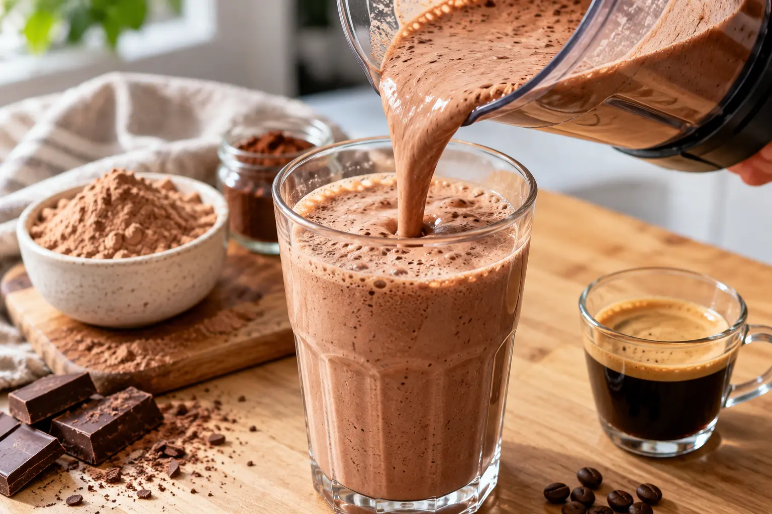 Mocha protéiné versé dans un grand verre transparent avec saupoudrage de cacao