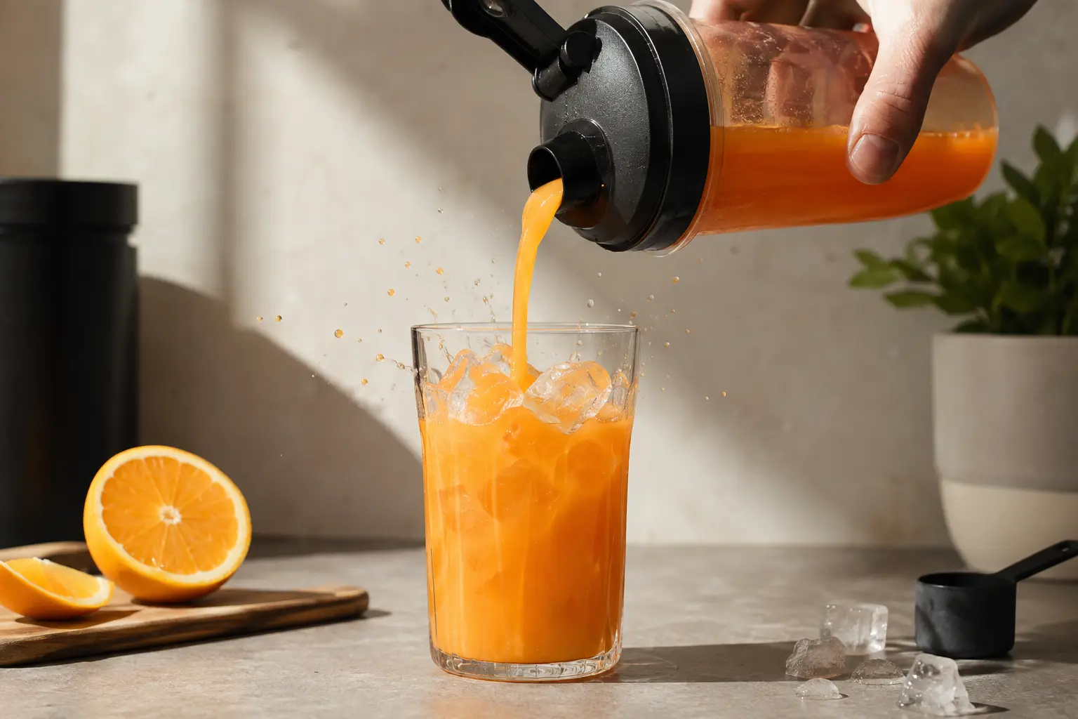 Pré-workout agrumes servi dans un verre avec glaçons et rondelle d'orange