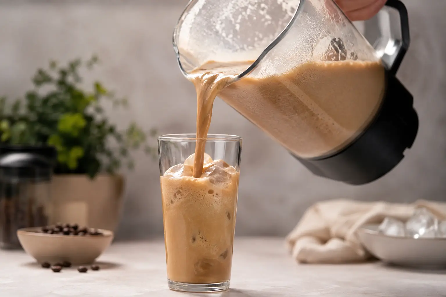 Shake café frappé protéiné versé dans un grand verre avec un saupoudrage de cacao