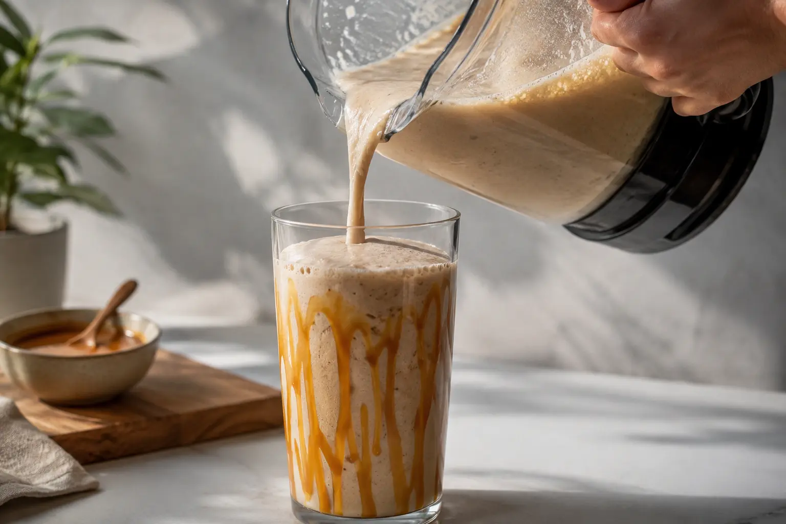 Shake caramel protéiné versé dans un grand verre avec filet de caramel et paille