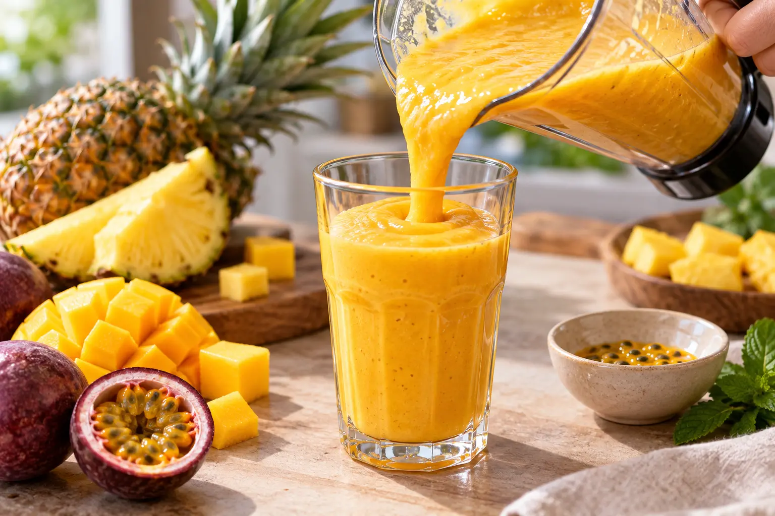 Shake fruits exotiques protéiné versé dans un verre avec graines de fruit de la passion en décoration
