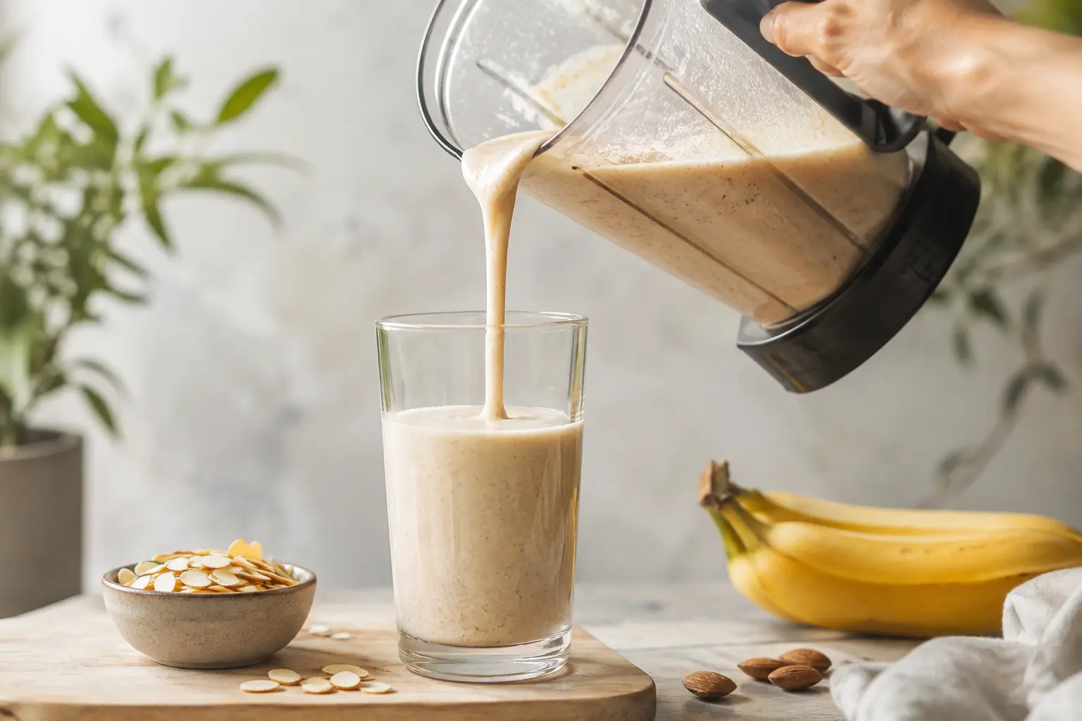 Smoothie banane-amandes versé dans un verre garni d'amandes effilées et de cannelle