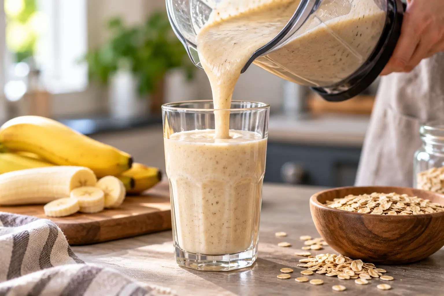 Smoothie banane-avoine protéiné versé dans un verre avec garniture de flocons d'avoine