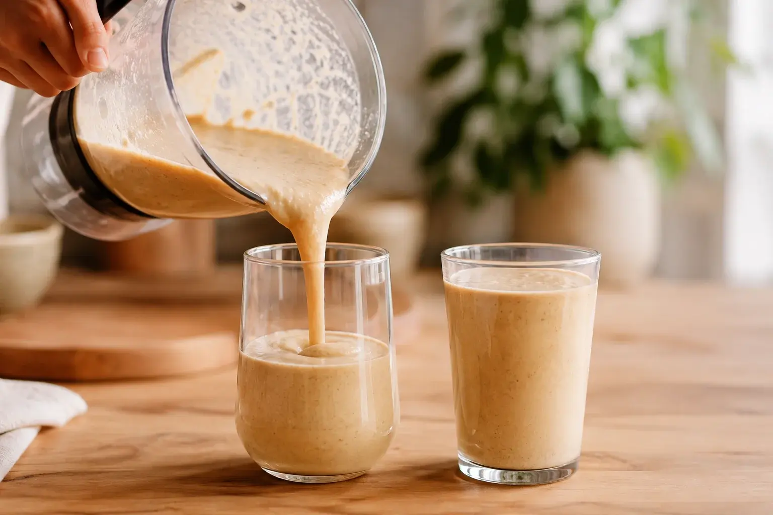 Deux verres de smoothie banane-dattes protéiné prêts à être dégustés