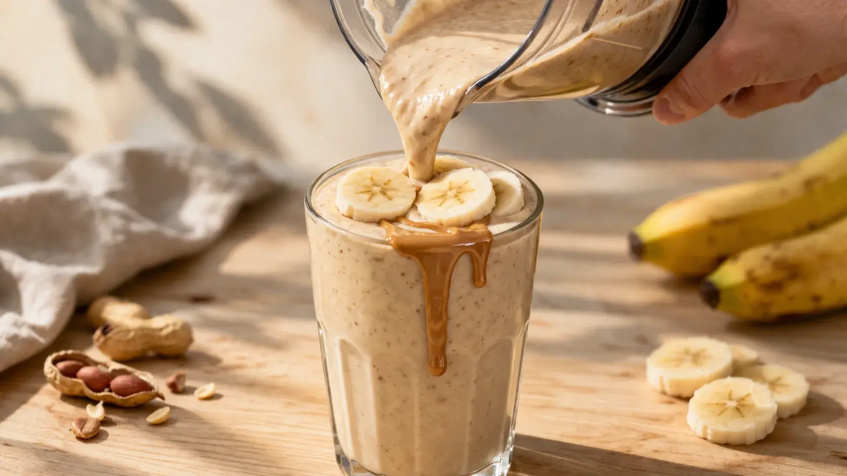 Grand verre de smoothie beurre cacahuète-banane avec garniture, posé sur un fond en bois clair avec une banane et un pot de beurre de cacahuète en arrière-plan