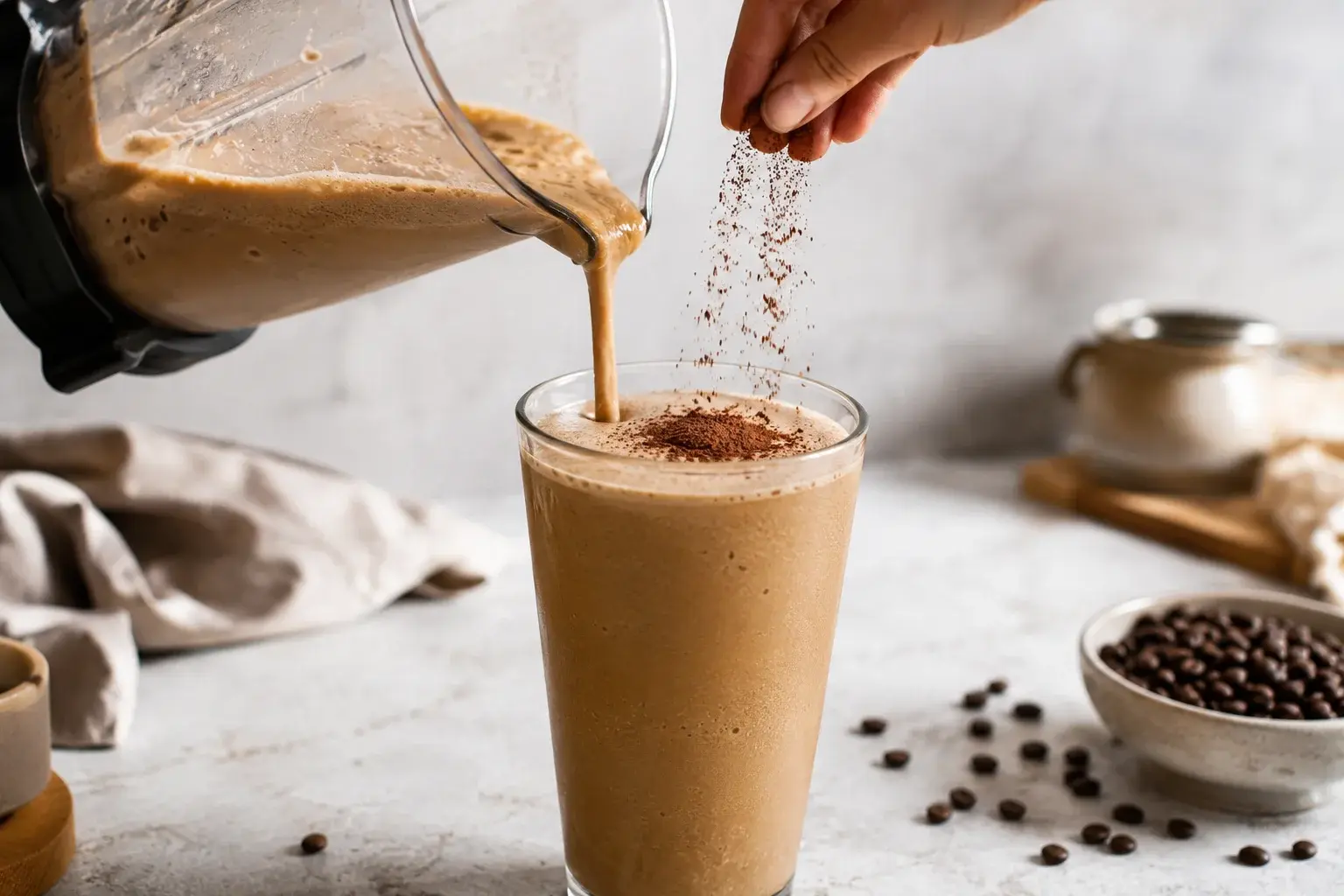 Café frappé protéiné versé dans un grand verre transparent, mousse fine saupoudrée de cacao en poudre, grains de café en décoration sur le plan de travail