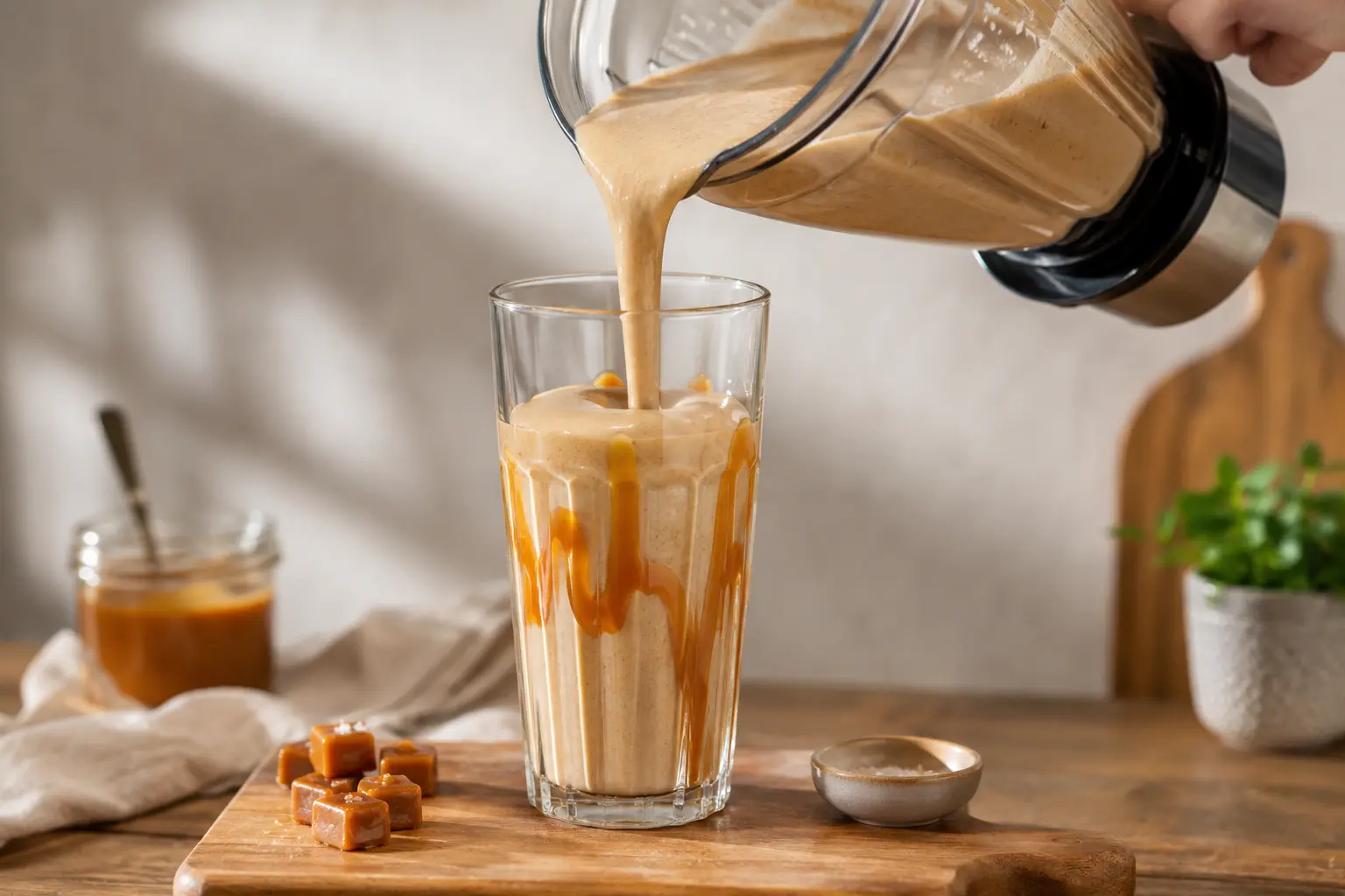 Smoothie caramel beurre salé versé dans un verre avec un filet de caramel
