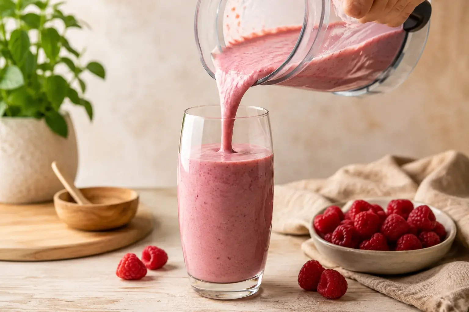Smoothie chocolat blanc-framboise versé dans un verre avec décoration de framboises