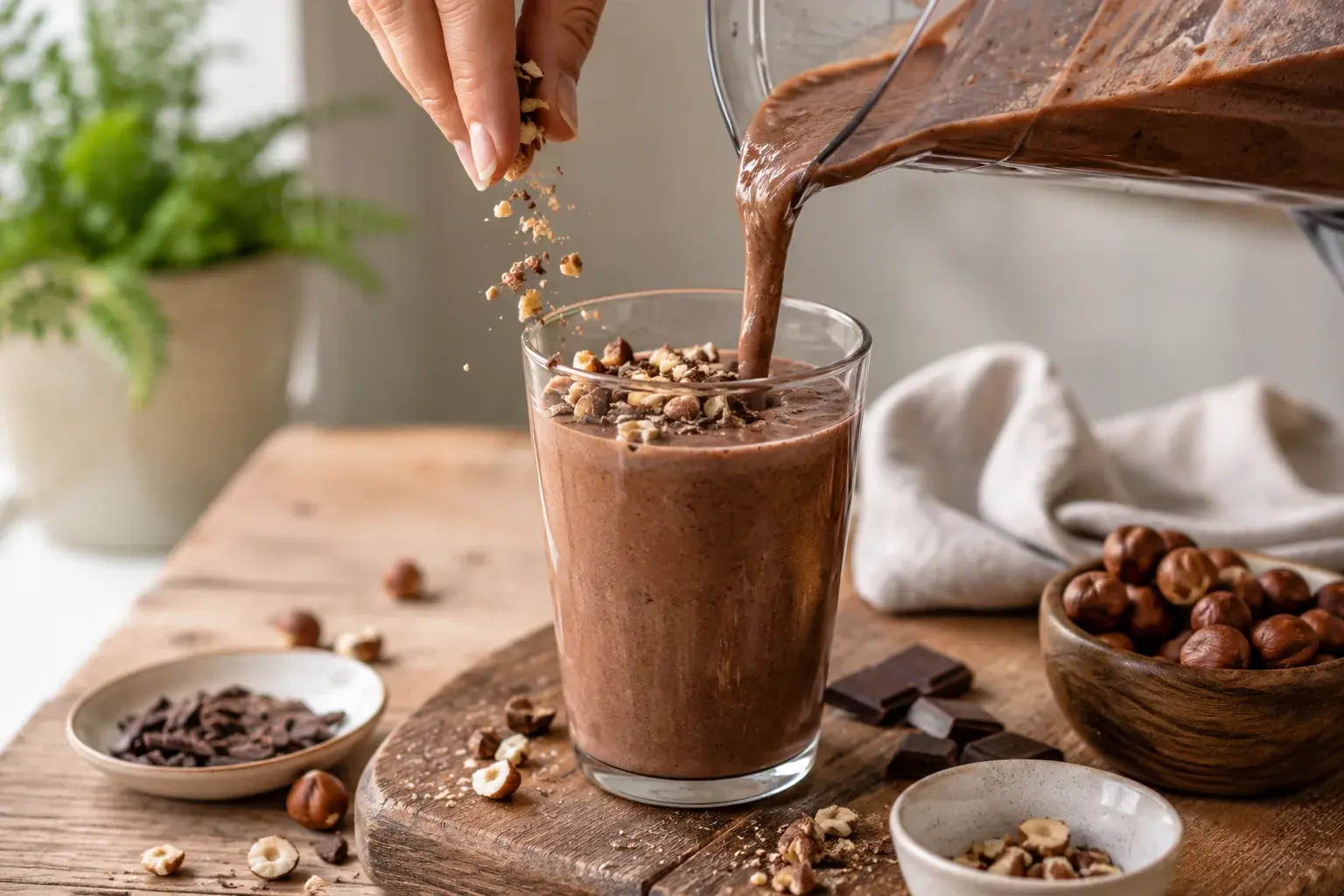 Smoothie chocolat brun épais versé dans un grand verre transparent, noisettes concassées et copeaux de chocolat noir parsemés sur le dessus
