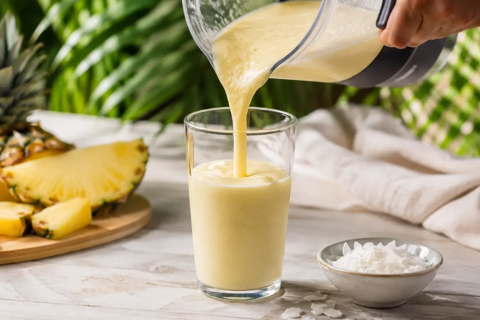 Smoothie coco-ananas protéiné versé dans un verre avec des copeaux de coco en garniture