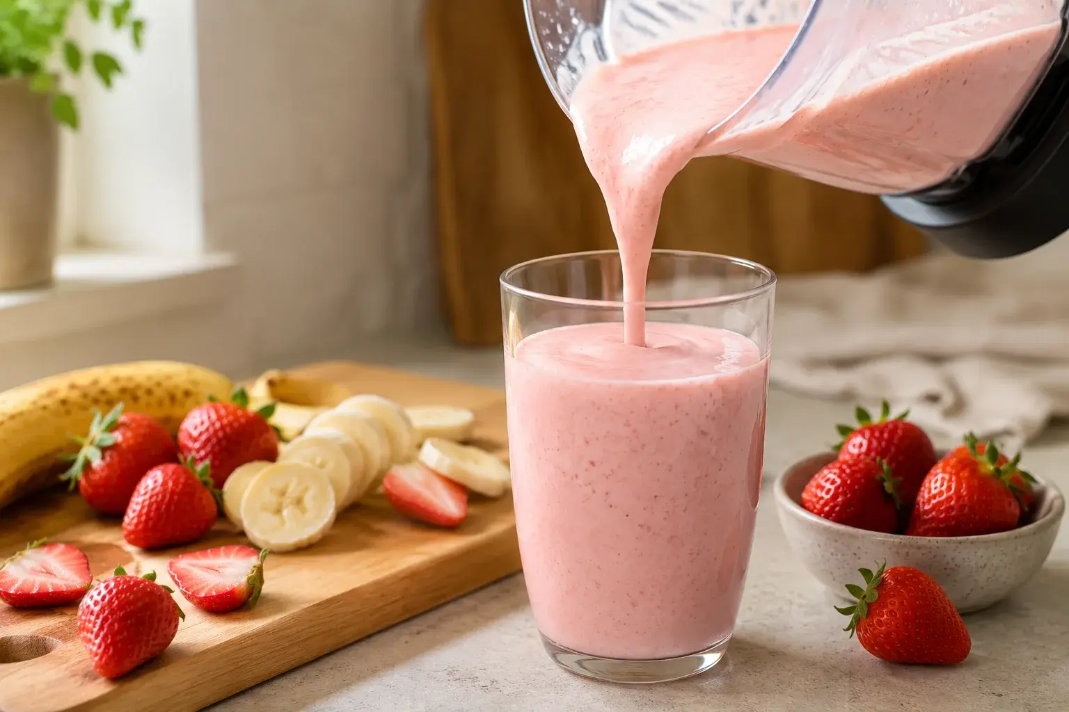 Smoothie rose tendre versé dans un grand verre transparent depuis le blender, fraises entières et rondelles de banane disposées à proximité