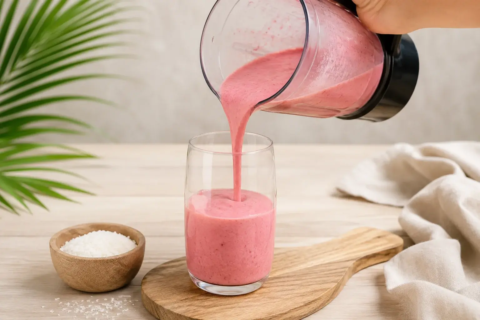 Smoothie fraises-coco versé dans un verre avec garniture de coco râpée
