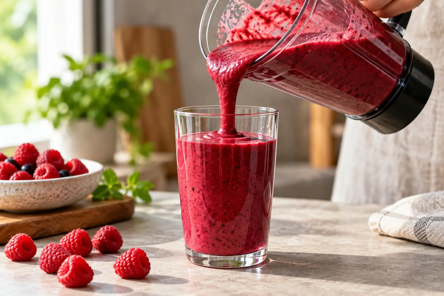 Deux verres de smoothie fruits rouges intense garnis de framboises fraîches prêts à être dégustés