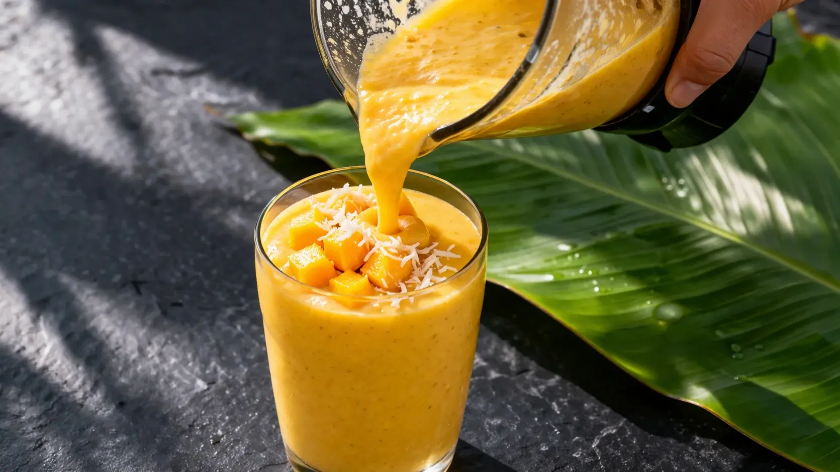 Grand verre de smoothie mangue-coco garni de dés de mangue fraîche et de noix de coco râpée, posé sur un fond en ardoise avec une feuille de bananier