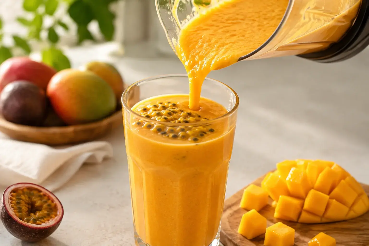 Smoothie orange épais versé dans un grand verre transparent, pulpe de fruit de la passion nappée sur le dessus avec ses graines noires brillantes