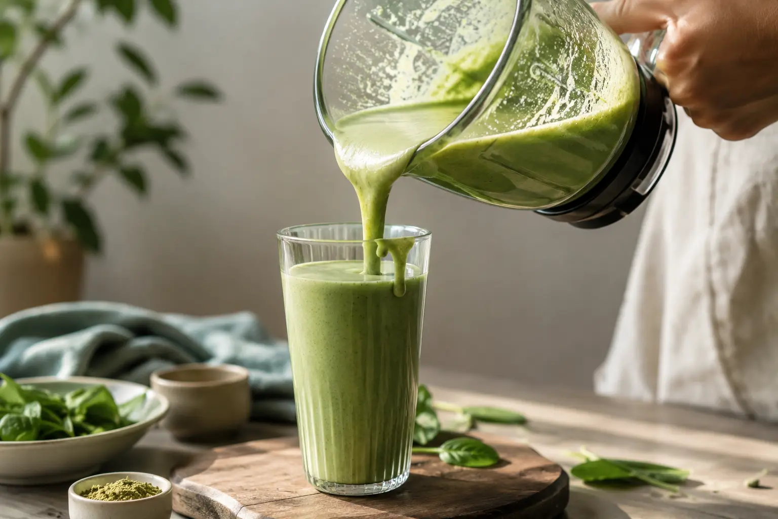 Smoothie matcha protéiné versé dans un verre transparent avec un saupoudrage de matcha