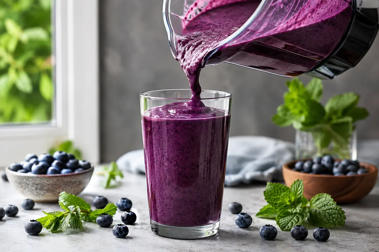 Smoothie violet épais versé dans un grand verre transparent depuis le blender, myrtilles entières et feuilles de menthe à proximité