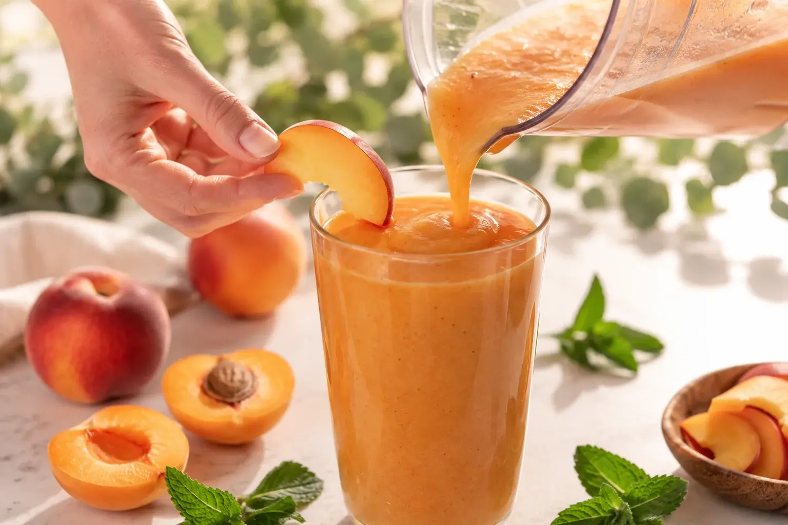 Smoothie orangé velouté versé dans un grand verre transparent, lamelle de pêche fraîche piquée sur le bord et demi-abricot posé en décoration