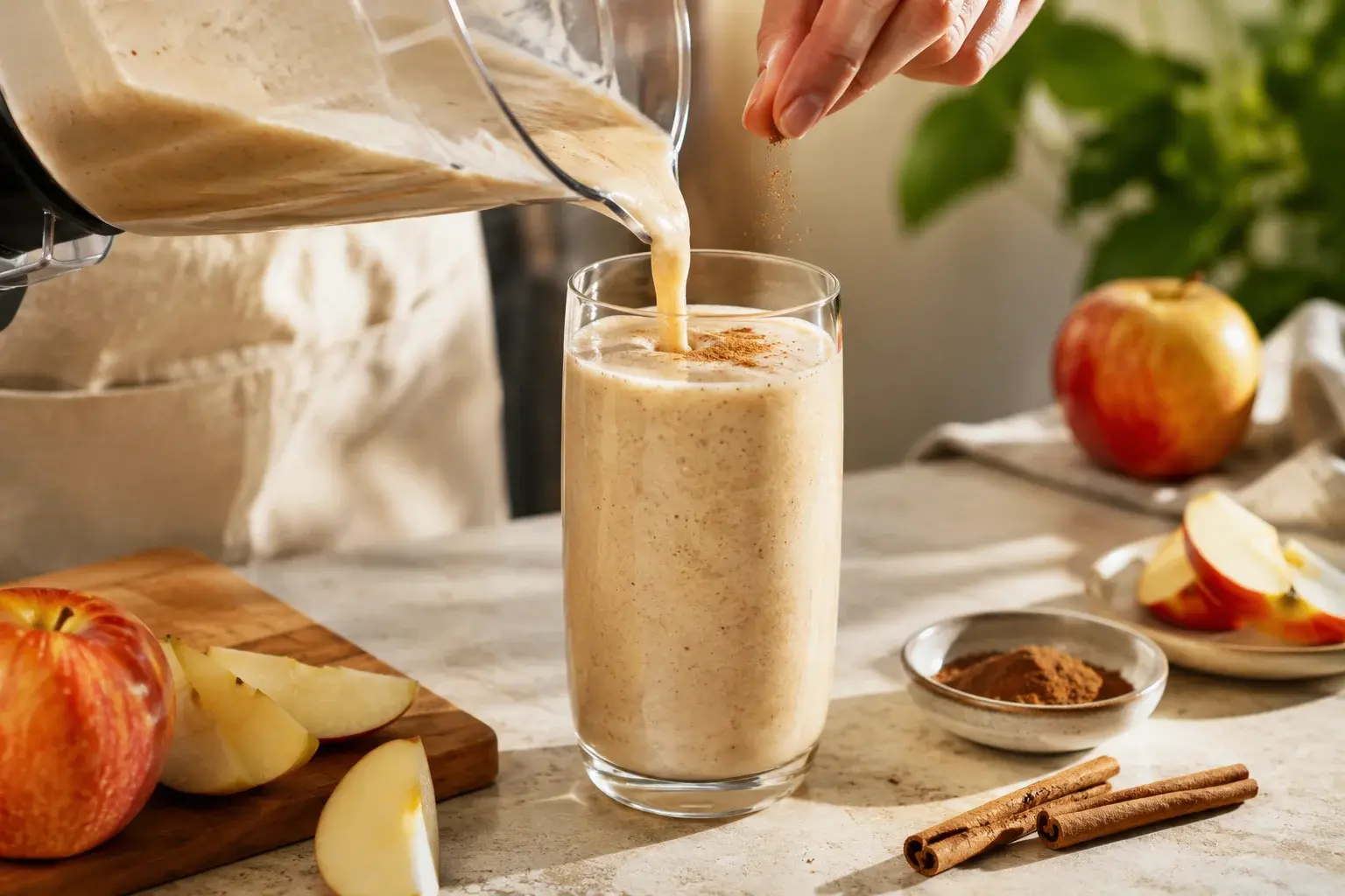 Smoothie beige clair versé dans un grand verre transparent, pincée de cannelle saupoudrée sur le dessus, lamelles de pomme et bâton de cannelle posés à côté