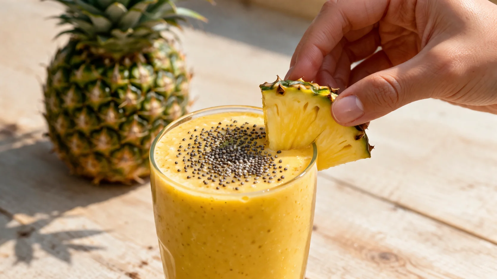 Main posant délicatement une tranche d'ananas sur un grand verre de smoothie tropical jaune vif, graines de chia saupoudrées sur le dessus, fond en bois clair
