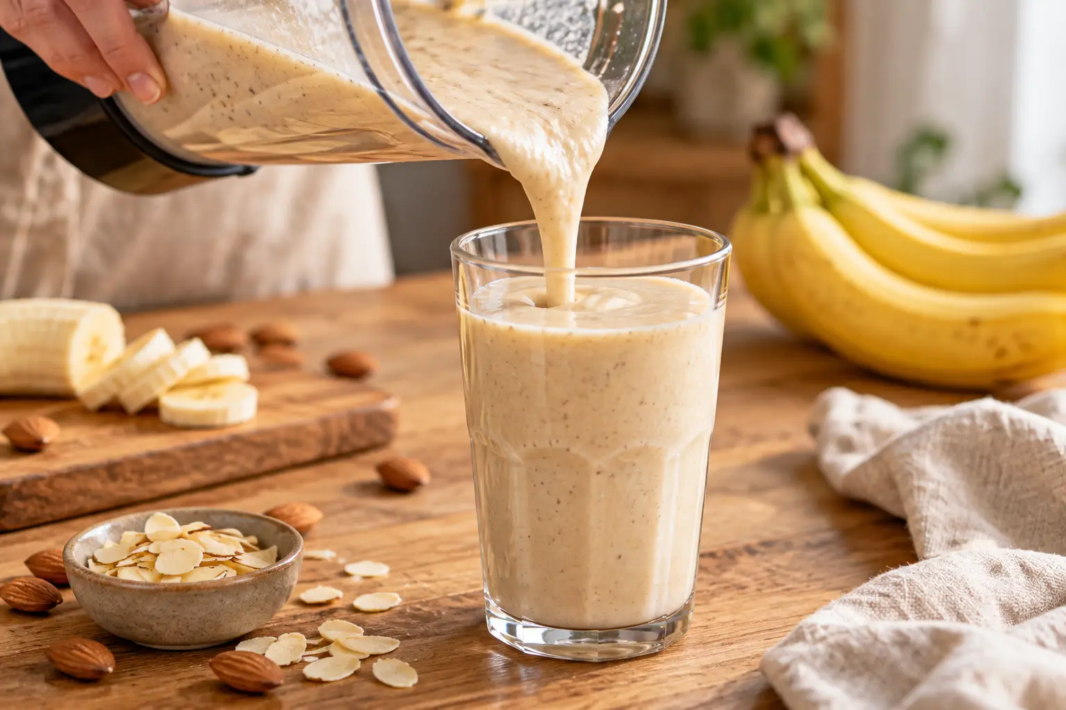Smoothie vanille-amande versé dans un verre garni d'amandes effilées et de cannelle