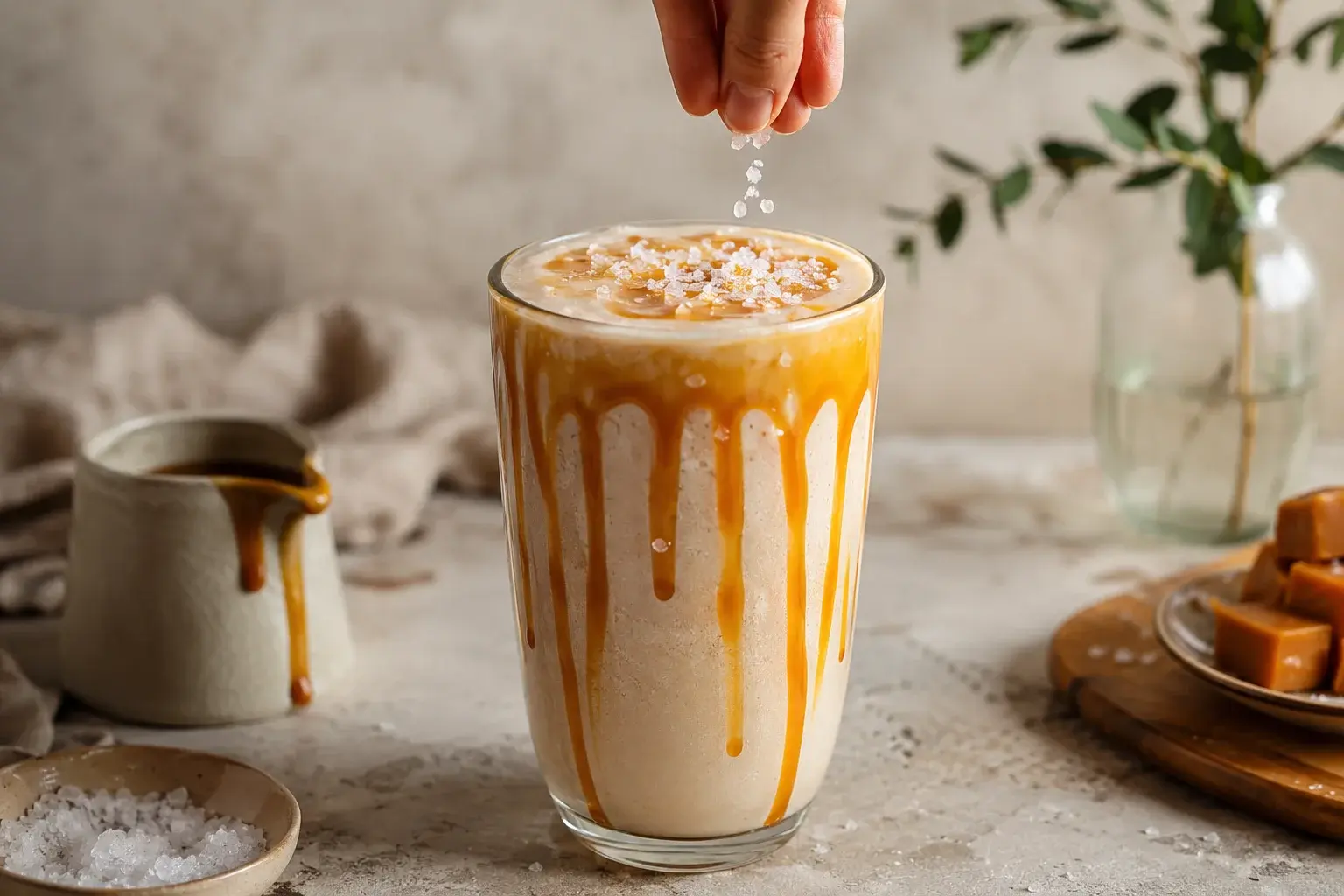Smoothie beige clair versé dans un grand verre transparent aux parois nappées de sirop de caramel doré, paille plantée et grains de fleur de sel sur le dessus