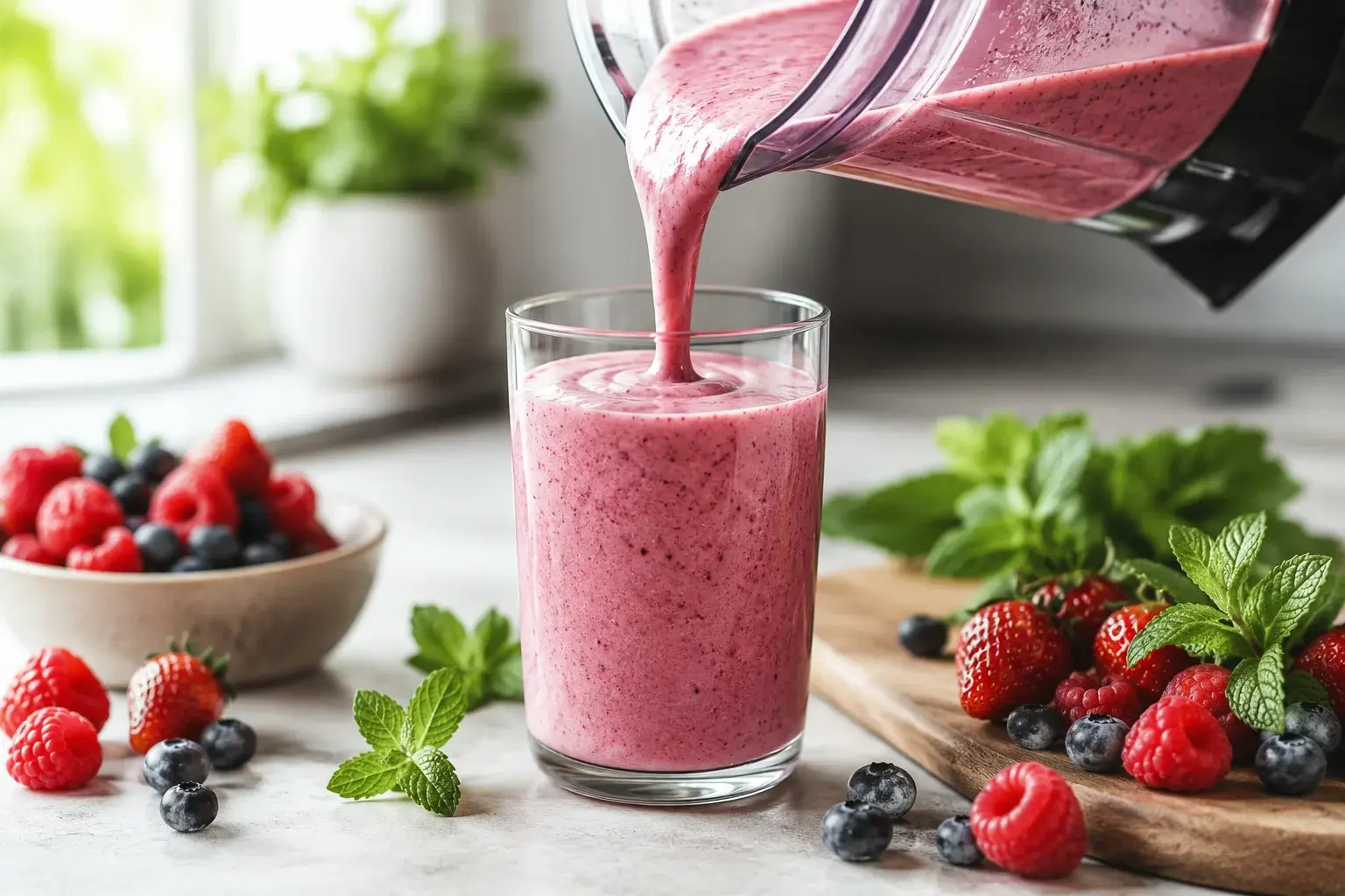 Smoothie rose épais en train d'être versé dans un grand verre transparent depuis le blender, fruits rouges entiers et menthe sur le plan de travail