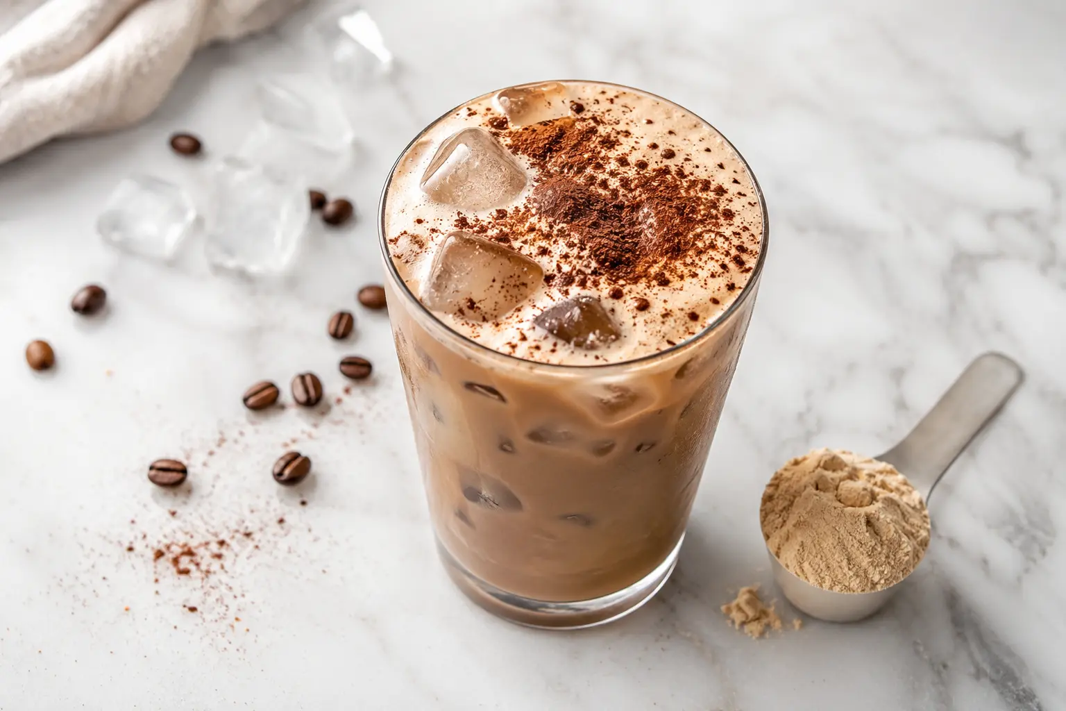 Vue rapprochée du shake café frappé protéiné montrant sa texture crémeuse et mousseuse