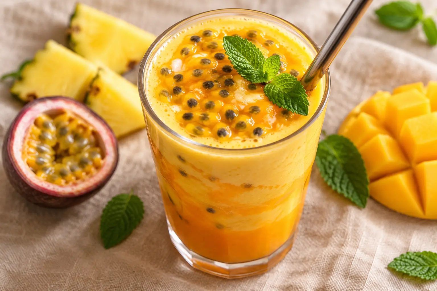Verre de shake fruits exotiques protéiné vu du dessus avec pulpe de fruit de la passion