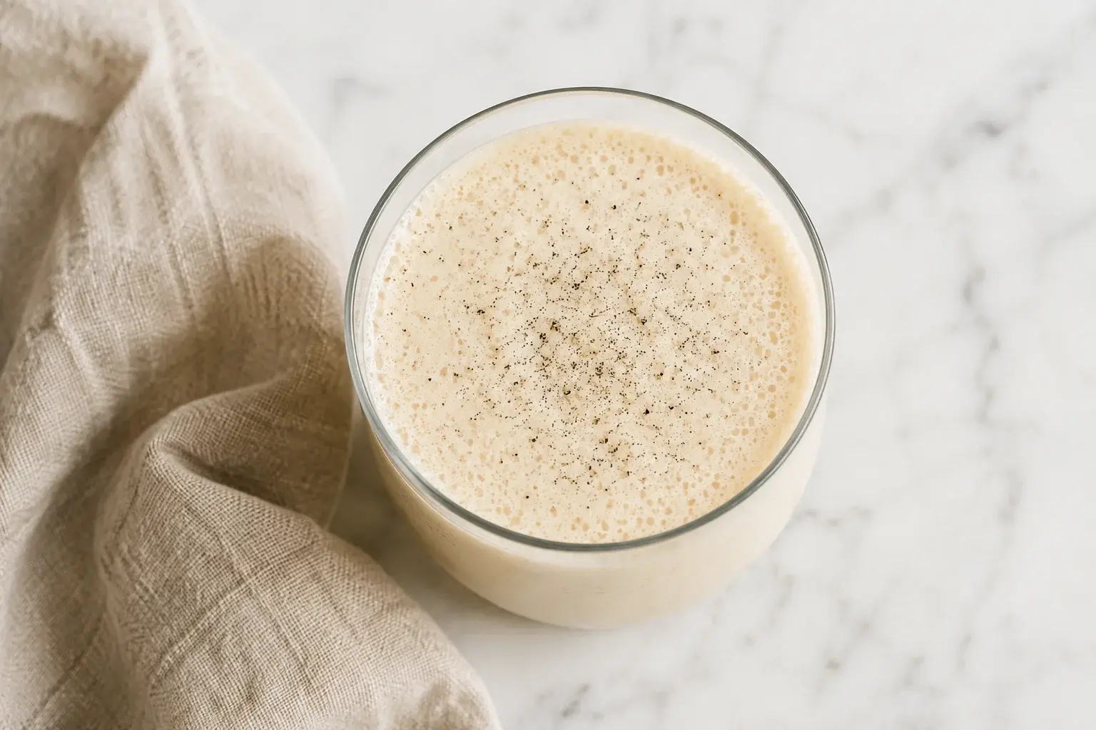 Vue rapprochée du shake protéiné vanille avec texture crémeuse visible
