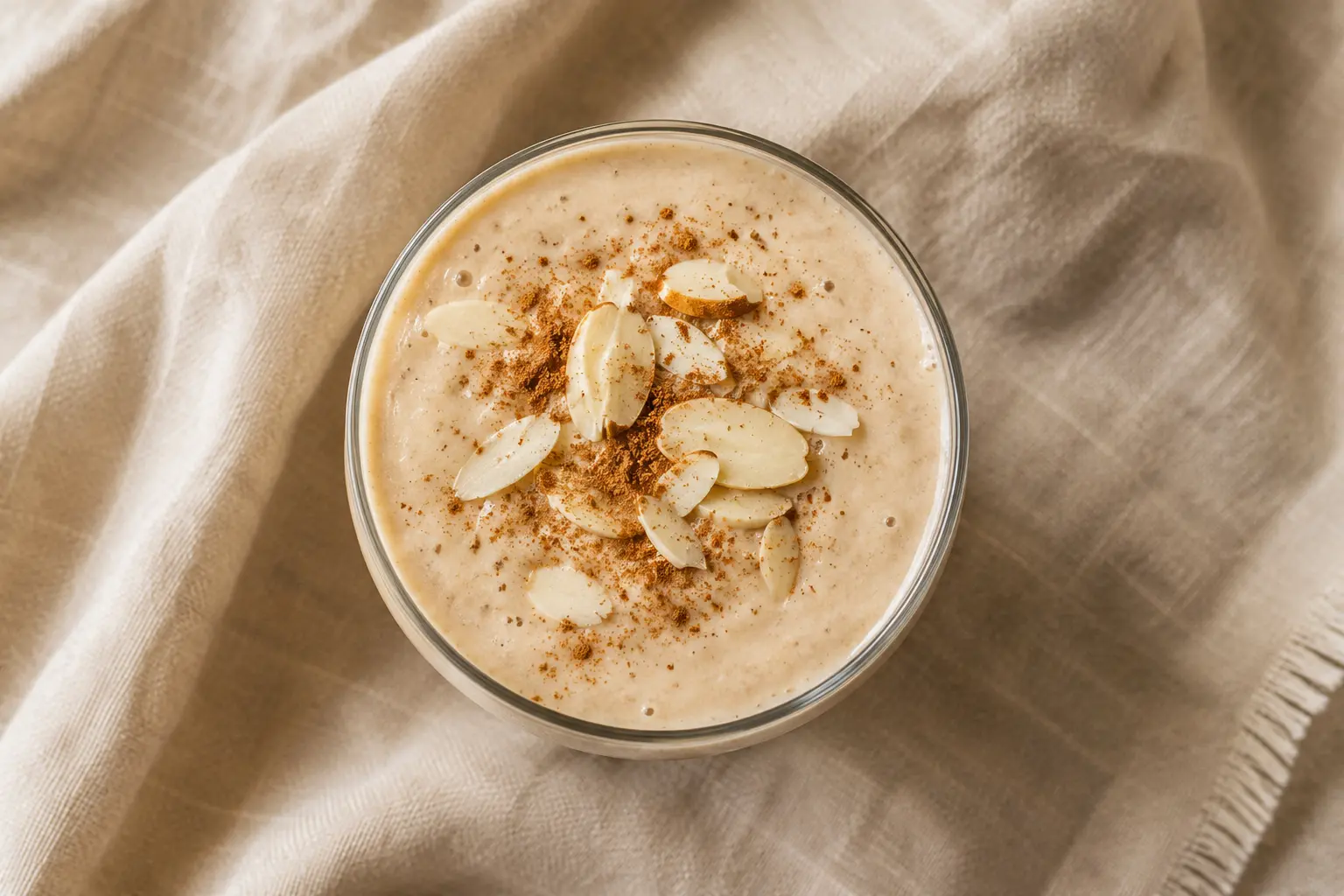 Vue rapprochée du smoothie banane-amandes montrant sa texture onctueuse