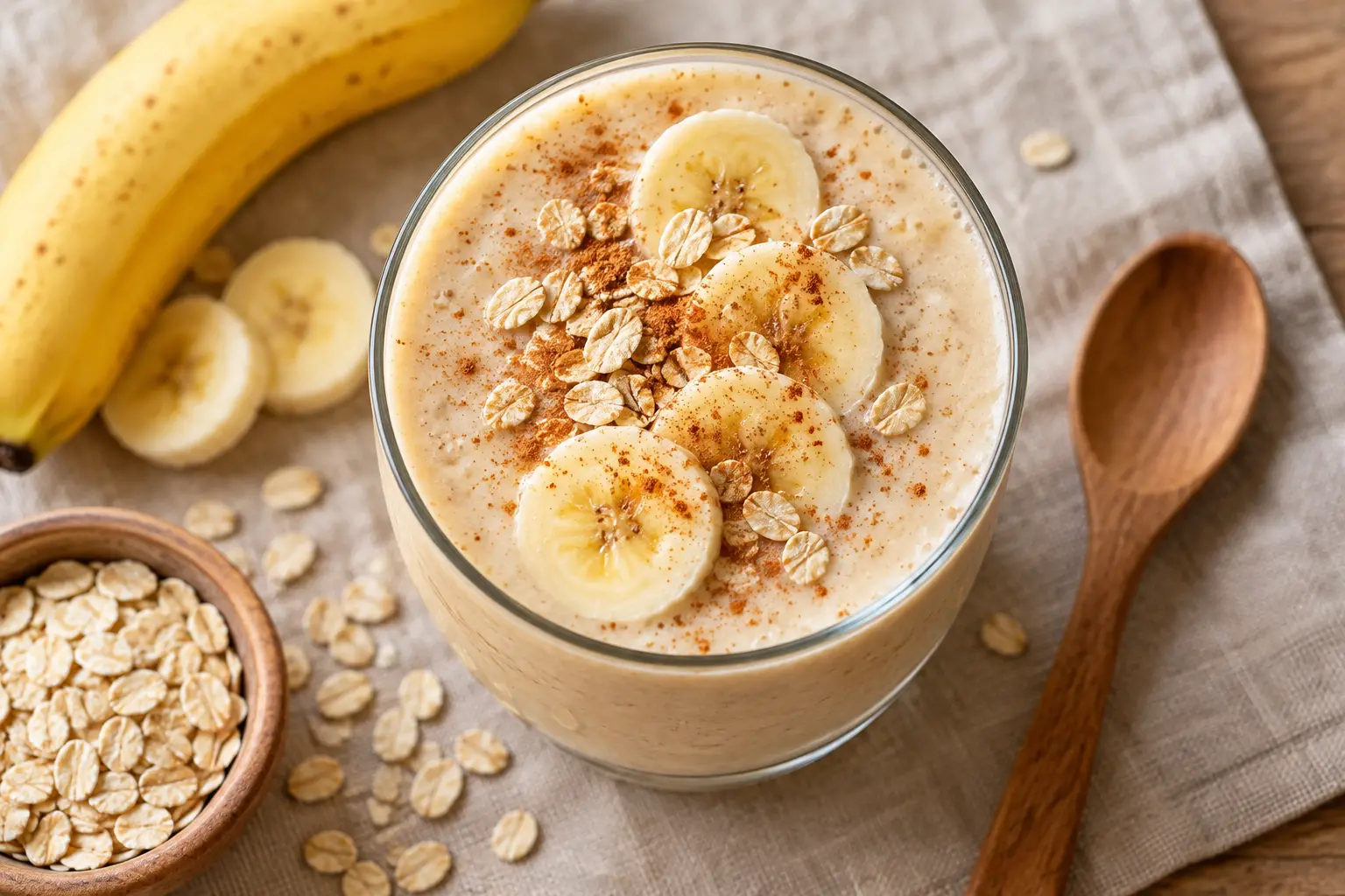 Smoothie banane-avoine protéiné vu du dessus avec rondelles de banane et cannelle