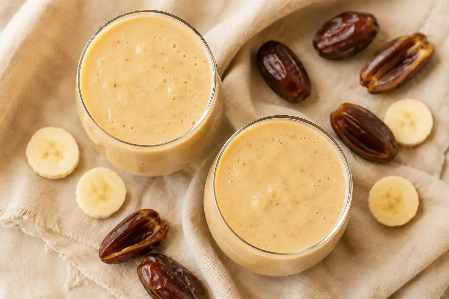 Smoothie banane-dattes vu du dessus avec des rondelles de banane et morceaux de dattes