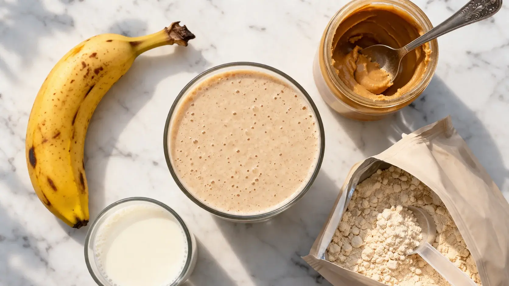Vue de dessus du smoothie beurre cacahuète-banane avec les ingrédients disposés autour : banane, pot de beurre de cacahuète et poudre de protéines