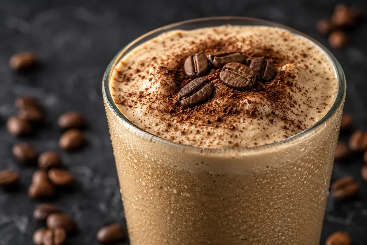 Gros plan sur un café frappé protéiné brun clair dans un verre transparent, mousse onctueuse saupoudrée de cacao et quelques grains de café en décoration