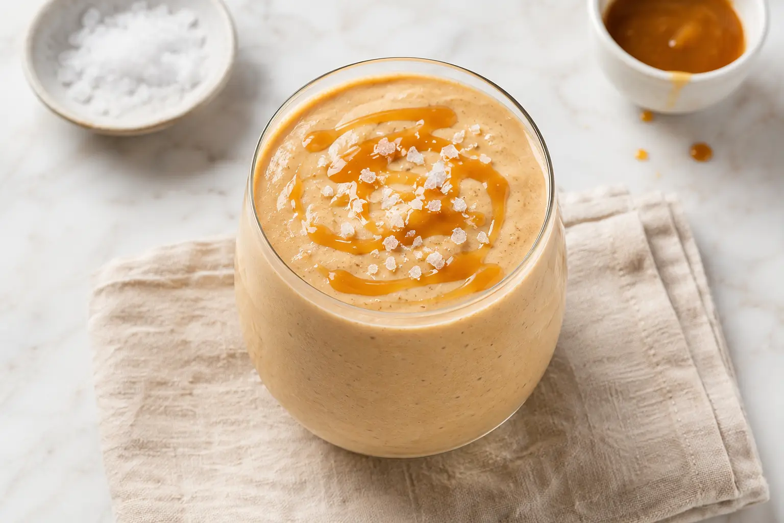 Vue rapprochée du smoothie caramel beurre salé montrant sa texture onctueuse et crémeuse