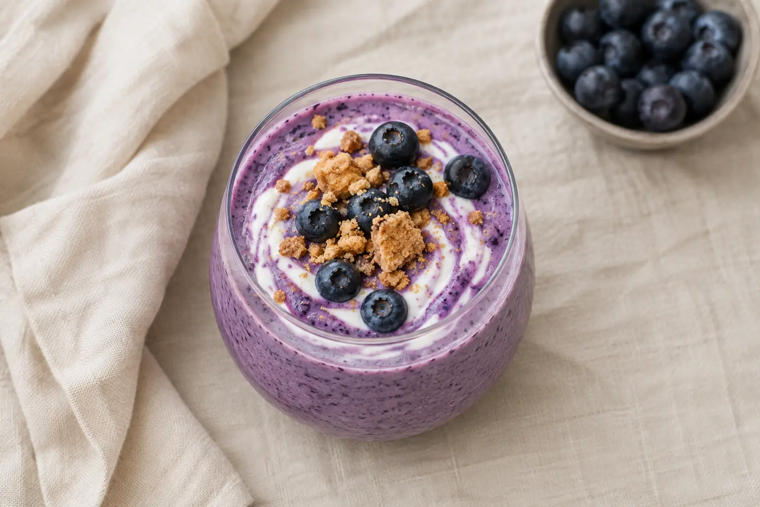 Smoothie cheesecake myrtilles vu de dessus avec des éclats de biscuit et des myrtilles