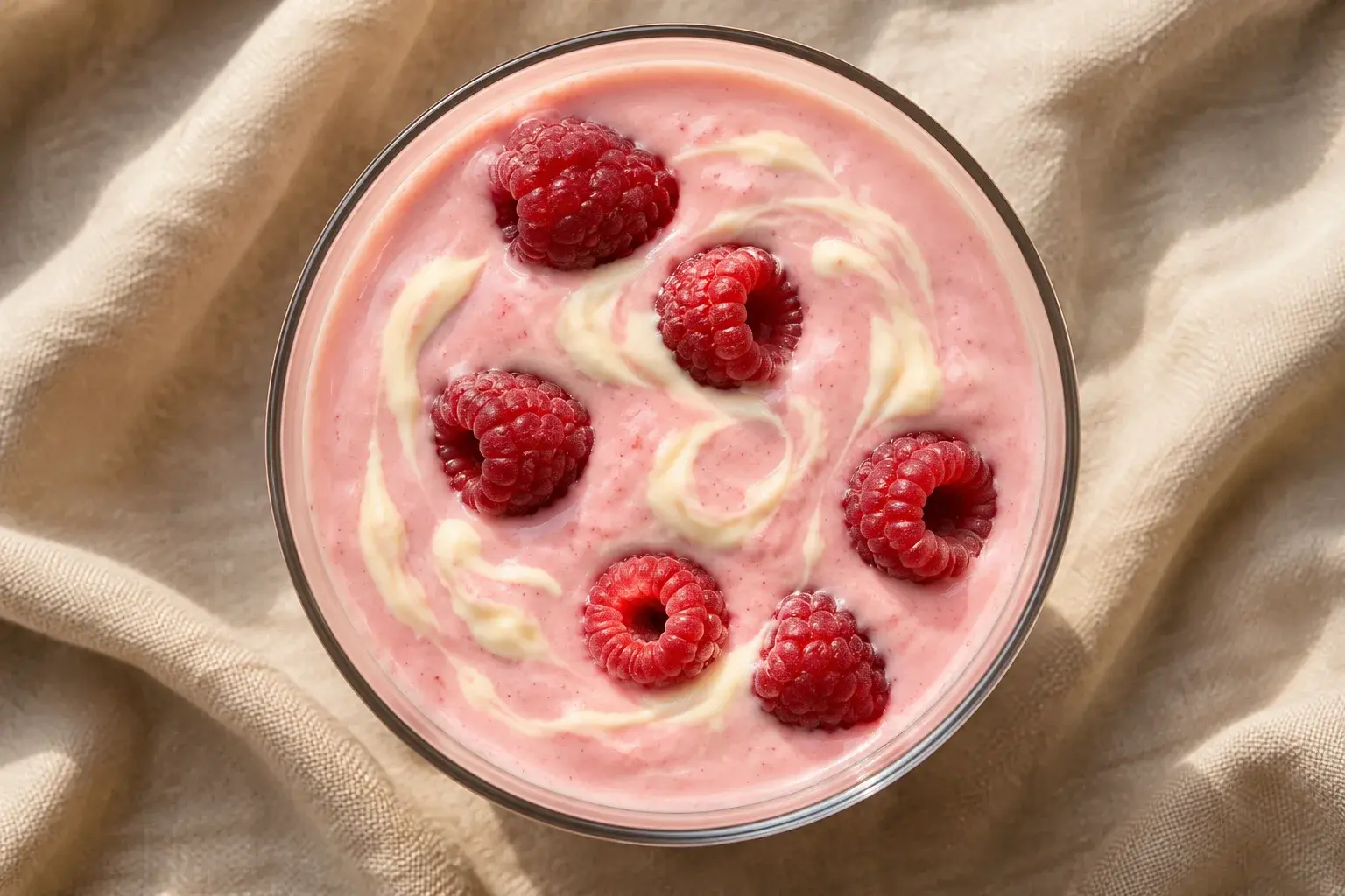 Vue rapprochée du smoothie chocolat blanc-framboise montrant sa texture crémeuse et rosée