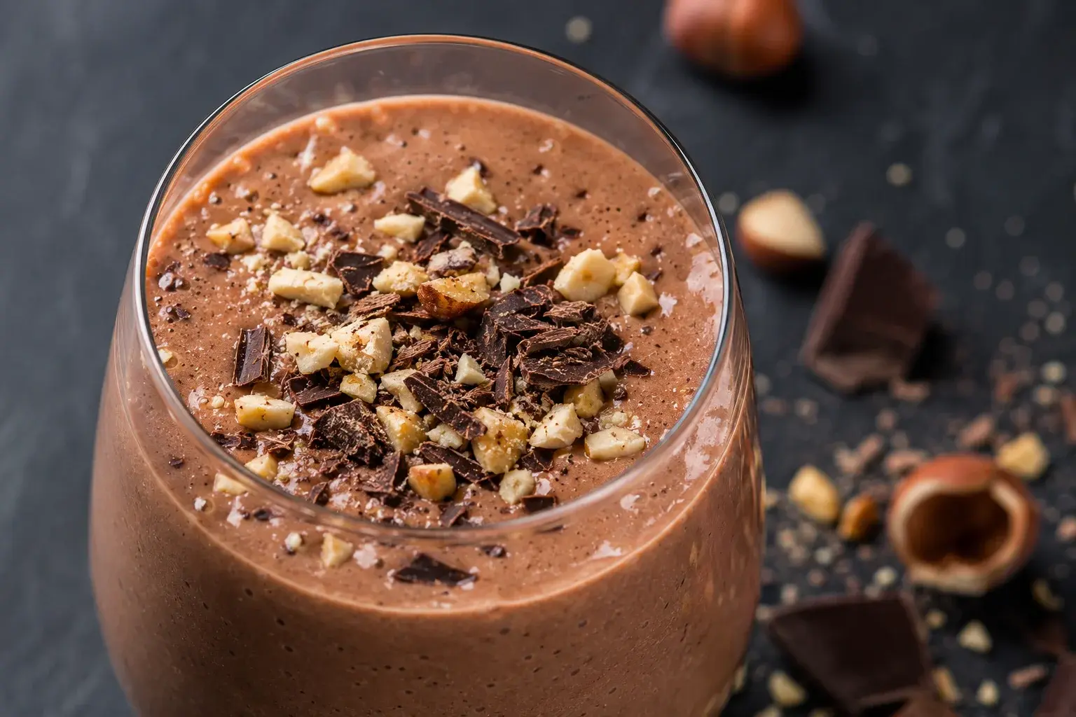 Gros plan sur un smoothie chocolat brun onctueux dans un verre transparent, noisettes concassées et copeaux de chocolat noir en décoration sur le dessus