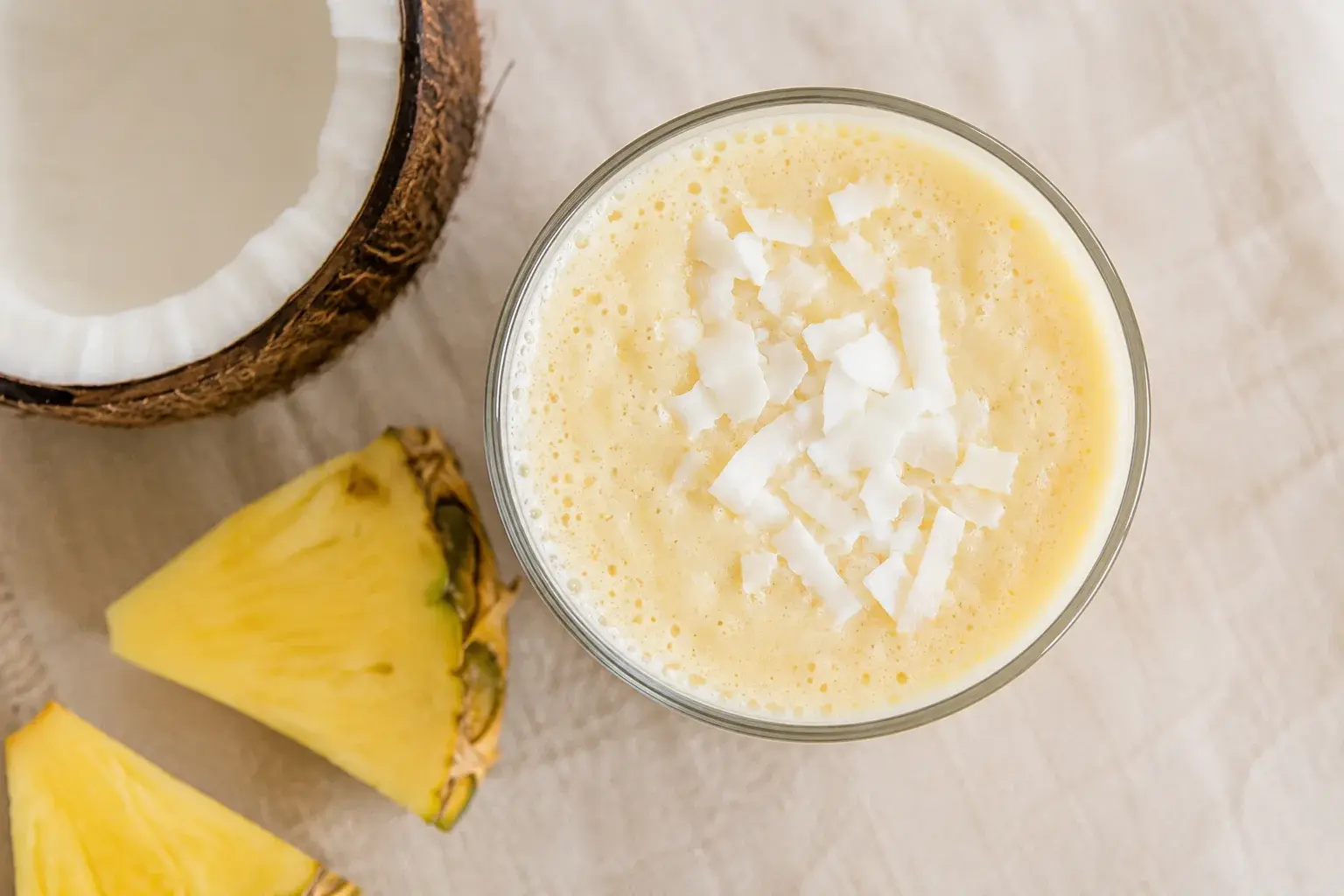 Smoothie coco-ananas protéiné vu du dessus avec copeaux de noix de coco