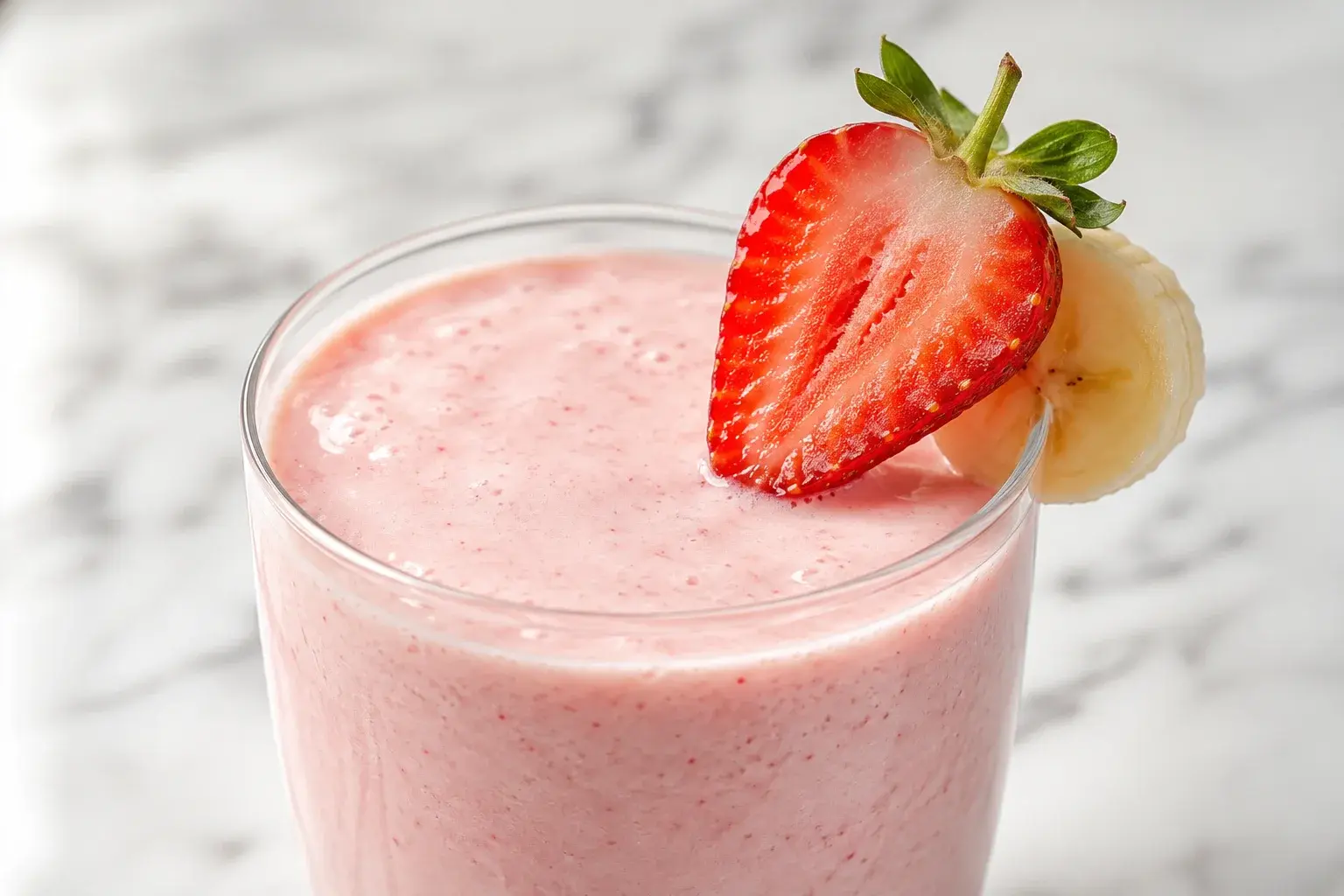 Gros plan sur un smoothie rose pâle onctueux dans un verre transparent, demi-fraise et rondelle de banane en décoration sur le bord