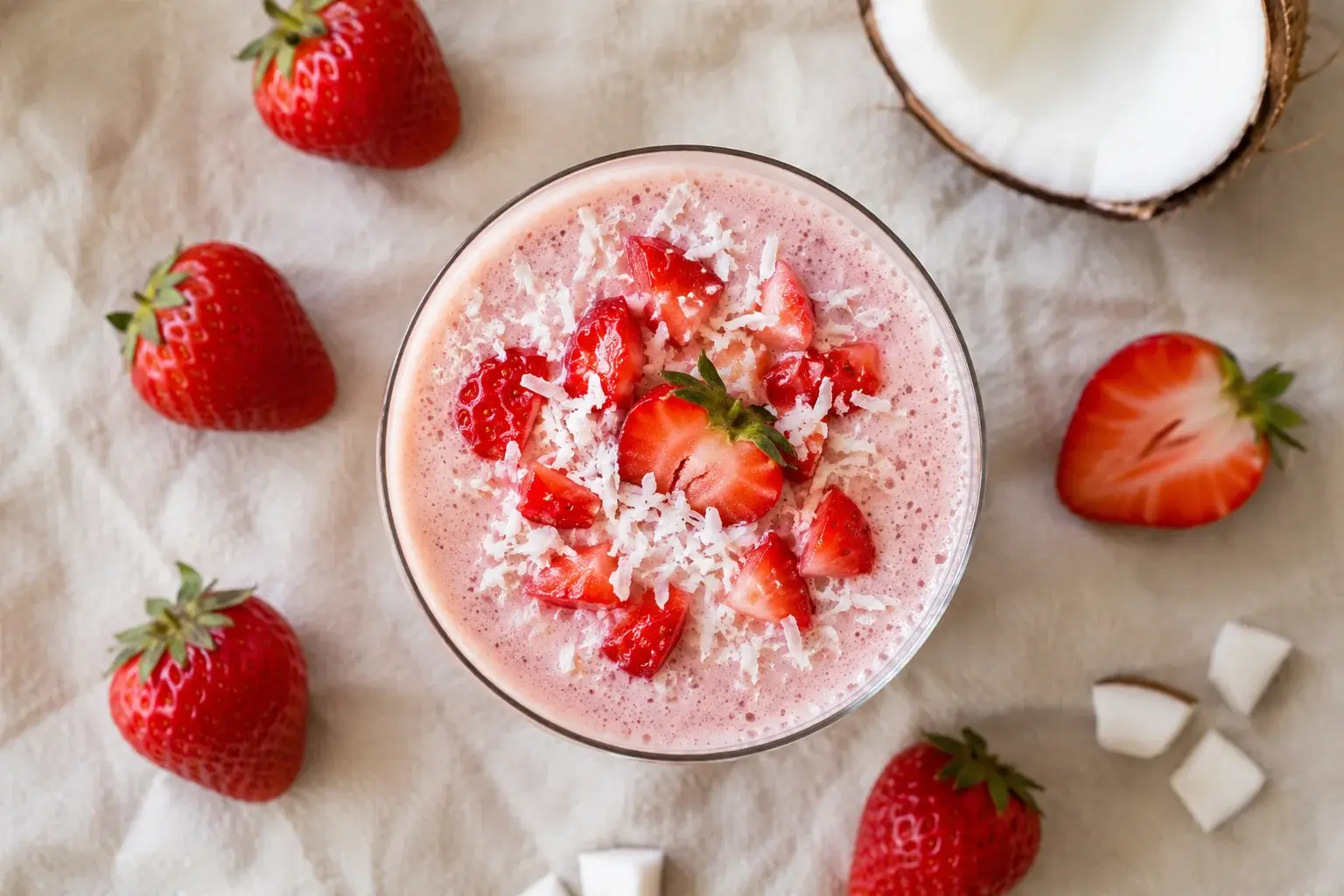 Vue plongeante du smoothie fraises-coco protéiné avec garniture de coco râpée et fraise fraîche