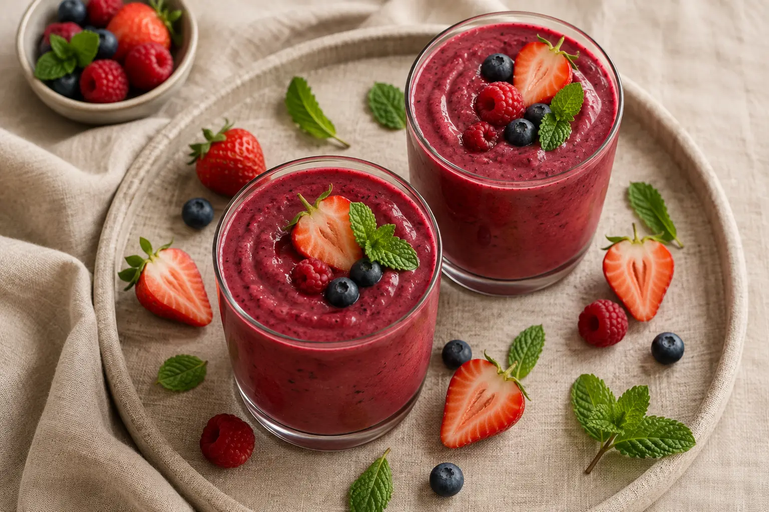 Vue plongeante sur un smoothie fruits rouges protéiné avec des myrtilles et fraises autour du verre