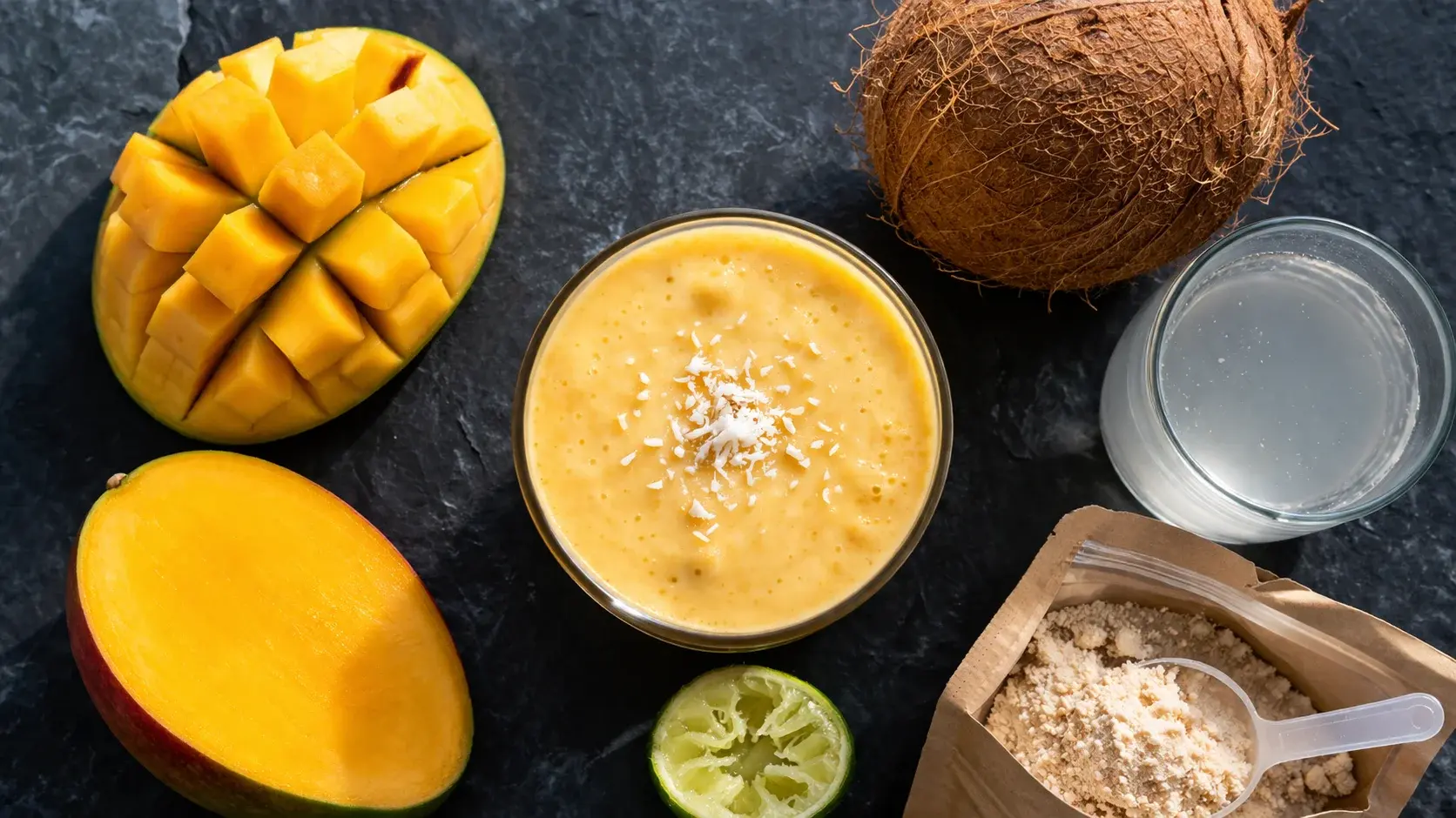 Vue de dessus du smoothie mangue-coco avec les ingrédients autour : mangue coupée, noix de coco, eau de coco et poudre de protéines