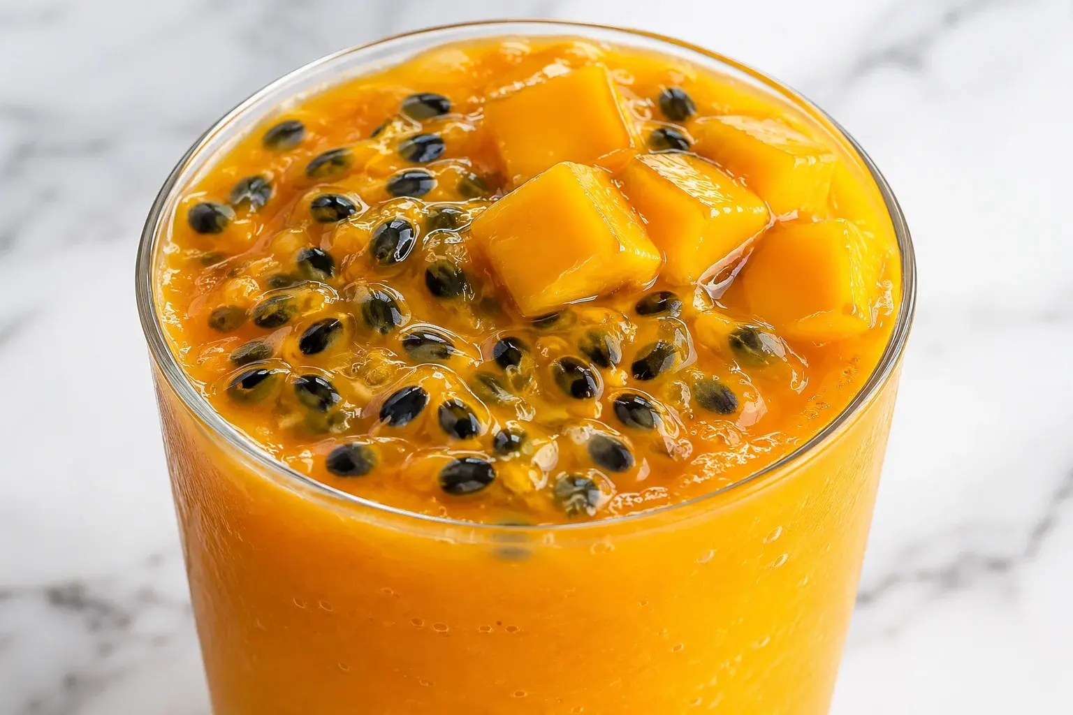 Gros plan sur un smoothie orange vif dans un verre transparent, pulpe de fruit de la passion et ses graines noires versées sur le dessus