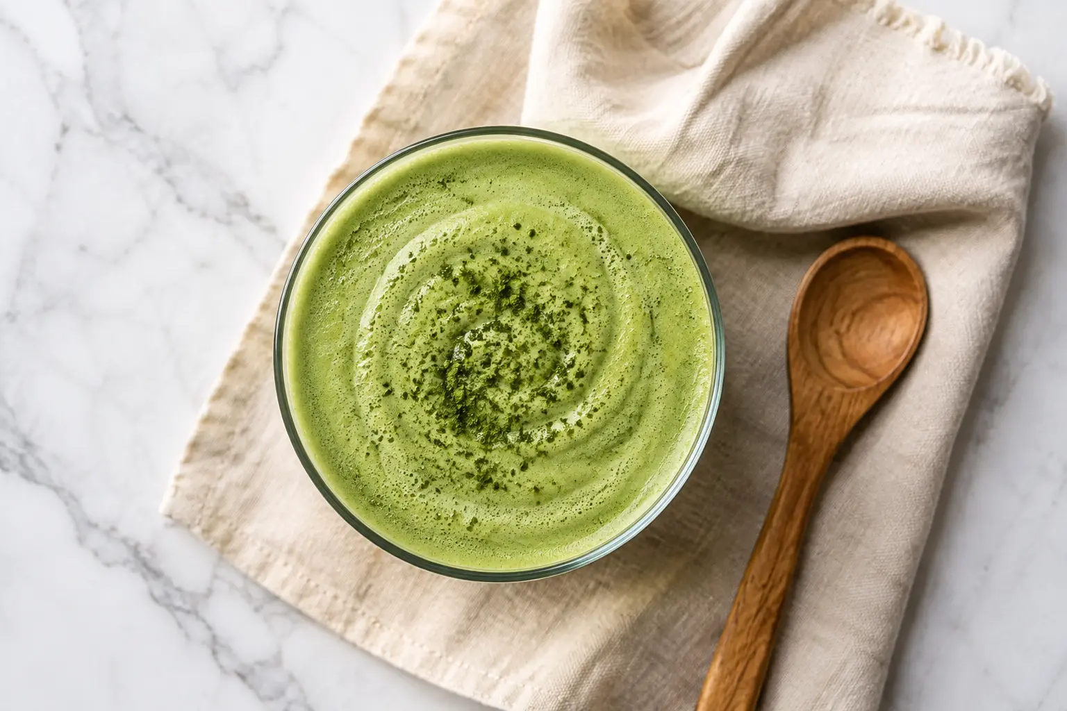 Smoothie matcha protéiné vu du dessus avec poudre de matcha saupoudrée